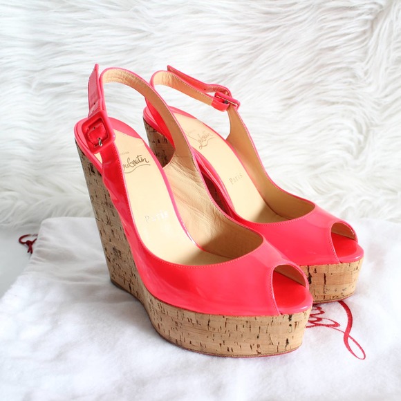 Christian Louboutin Une Plume Hot Pink Neon Patent Leather Cork Sandal Wedges - Picture 1 of 14